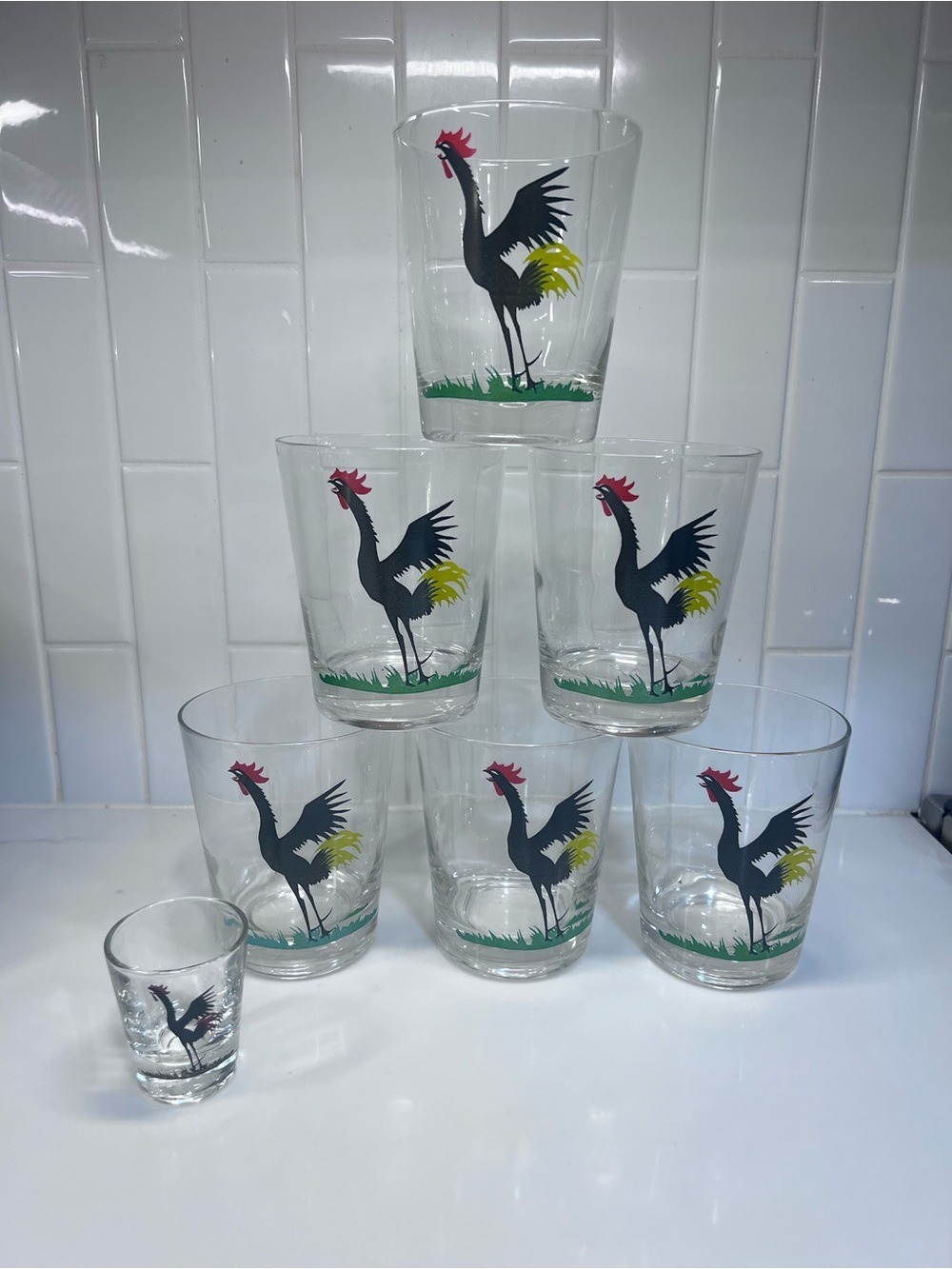 Vintage 1950s Federal Lowball Crowing Black Rooster Glass Set Of 5 & Shot Glass